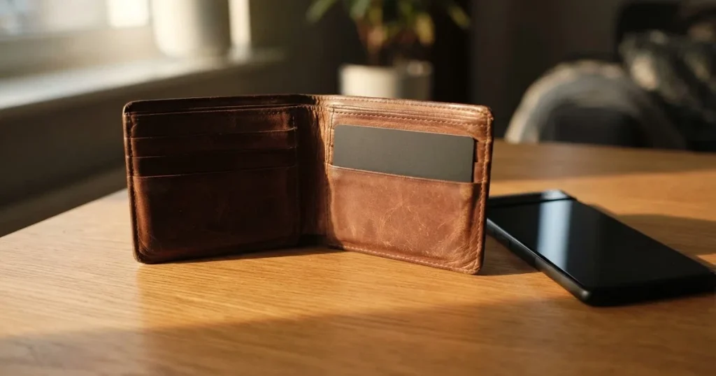 Ein Portemonnaie aus Leder liegt geöffnet auf einem Holztisch neben einem Smartphone mit dunklem Display, Fensterlicht fällt von der Seite.