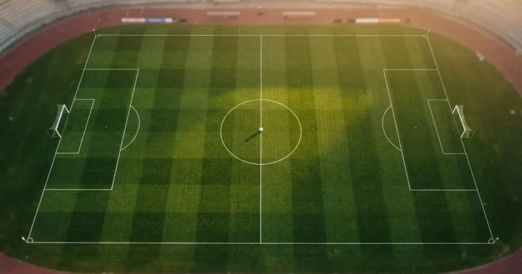 Ein Spielfeld aus der Vogelperspektive mit frisch gezogenen weißen Linien, ein einzelner Ball liegt im Strafraum, niemand ist zu sehen.