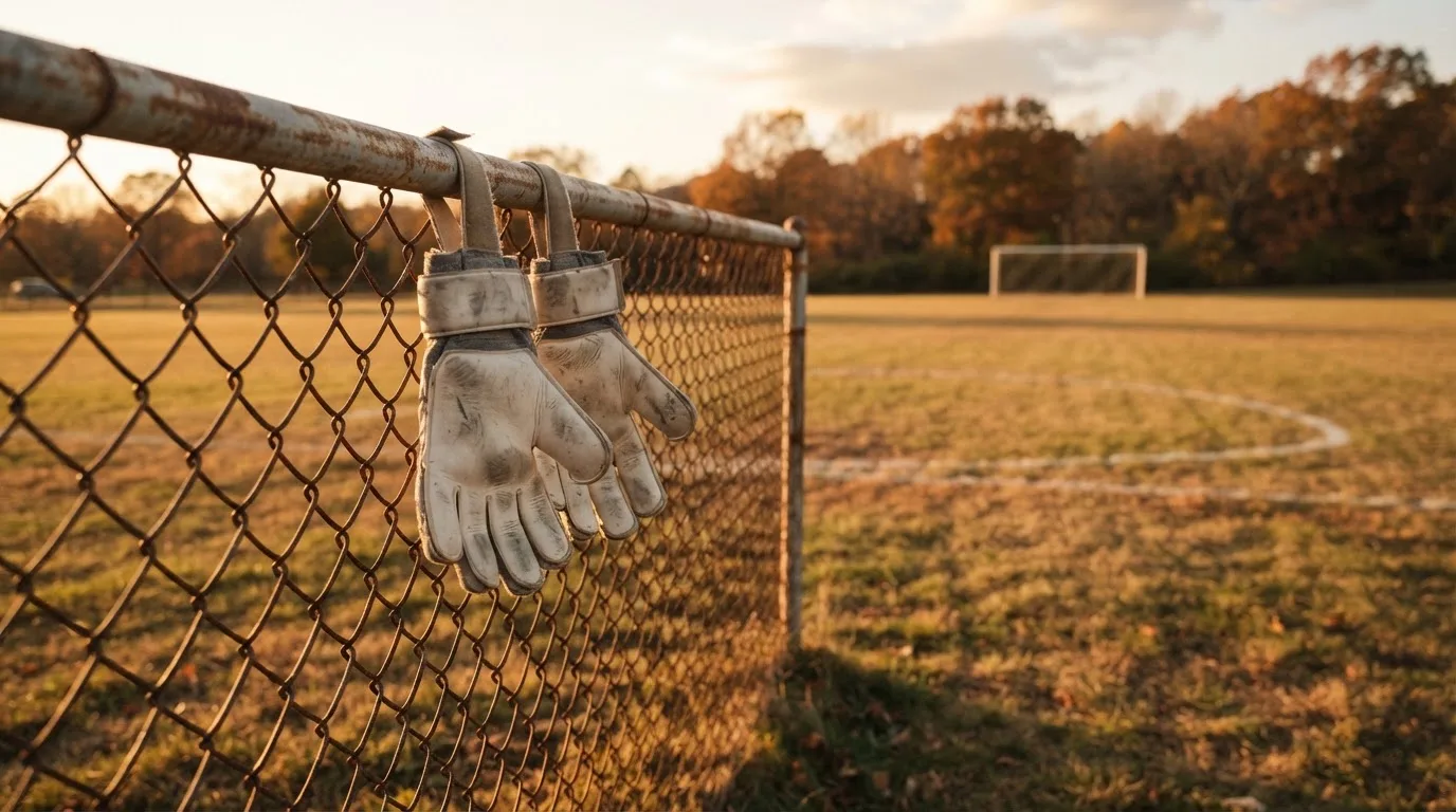 Ein Paar Torwarthandschuhe hängt an einem Zaun neben einem Trainingsplatz im Herbstlicht, niemand ist zu sehen.