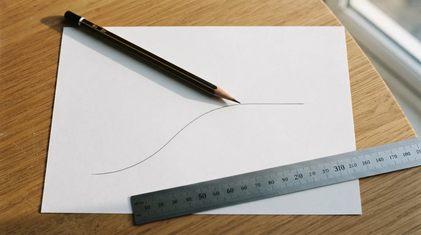 Ein Bleistift und ein Lineal liegen auf einem Blatt mit handgezeichneter Kurve ohne Beschriftung, Fensterlicht von der Seite.