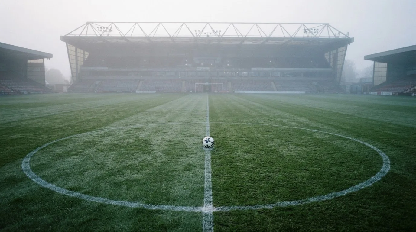 Ein Fußball liegt auf dem Anstoßpunkt eines leeren Rasenplatzes im Morgendunst, im Hintergrund eine ferne Tribüne.