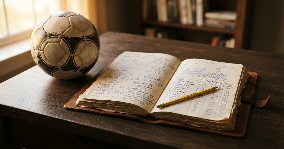 Ein Notizbuch mit handschriftlichen Notizen und kleinen Skizzen liegt aufgeschlagen neben einem Bleistift auf einem Schreibtisch, daneben ein Fußball.
