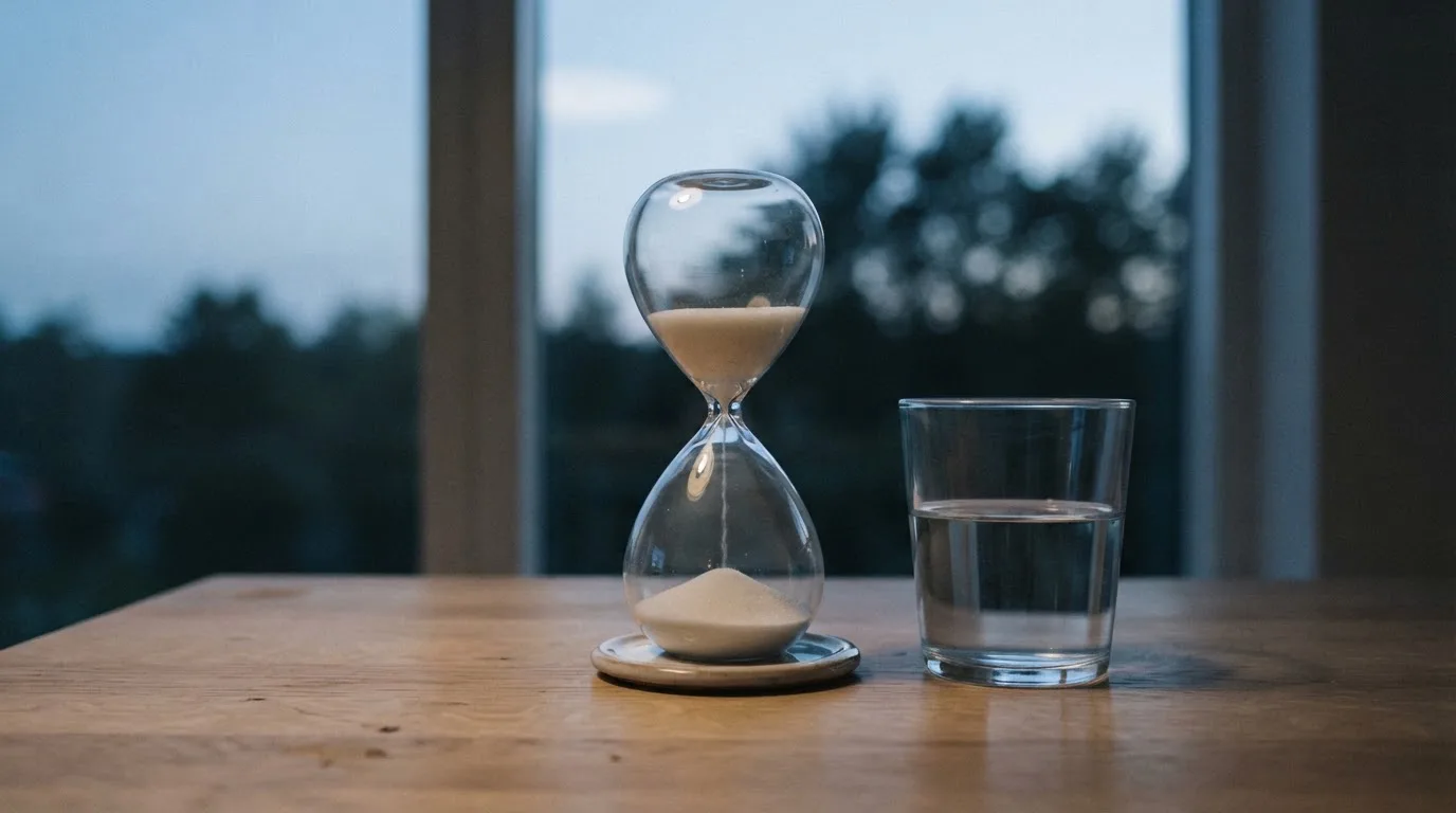 Eine Sanduhr steht auf einem Holztisch neben einem Glas Wasser, im Hintergrund ein Fenster mit Dämmerlicht.