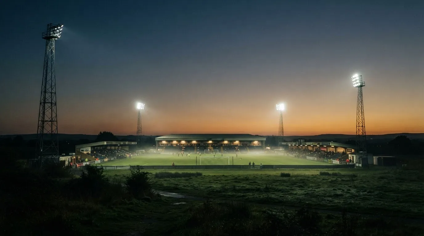 Ein Stadion unter Flutlicht aus der Ferne am Abend, hell erleuchtet, Nebel liegt über dem Rasen.