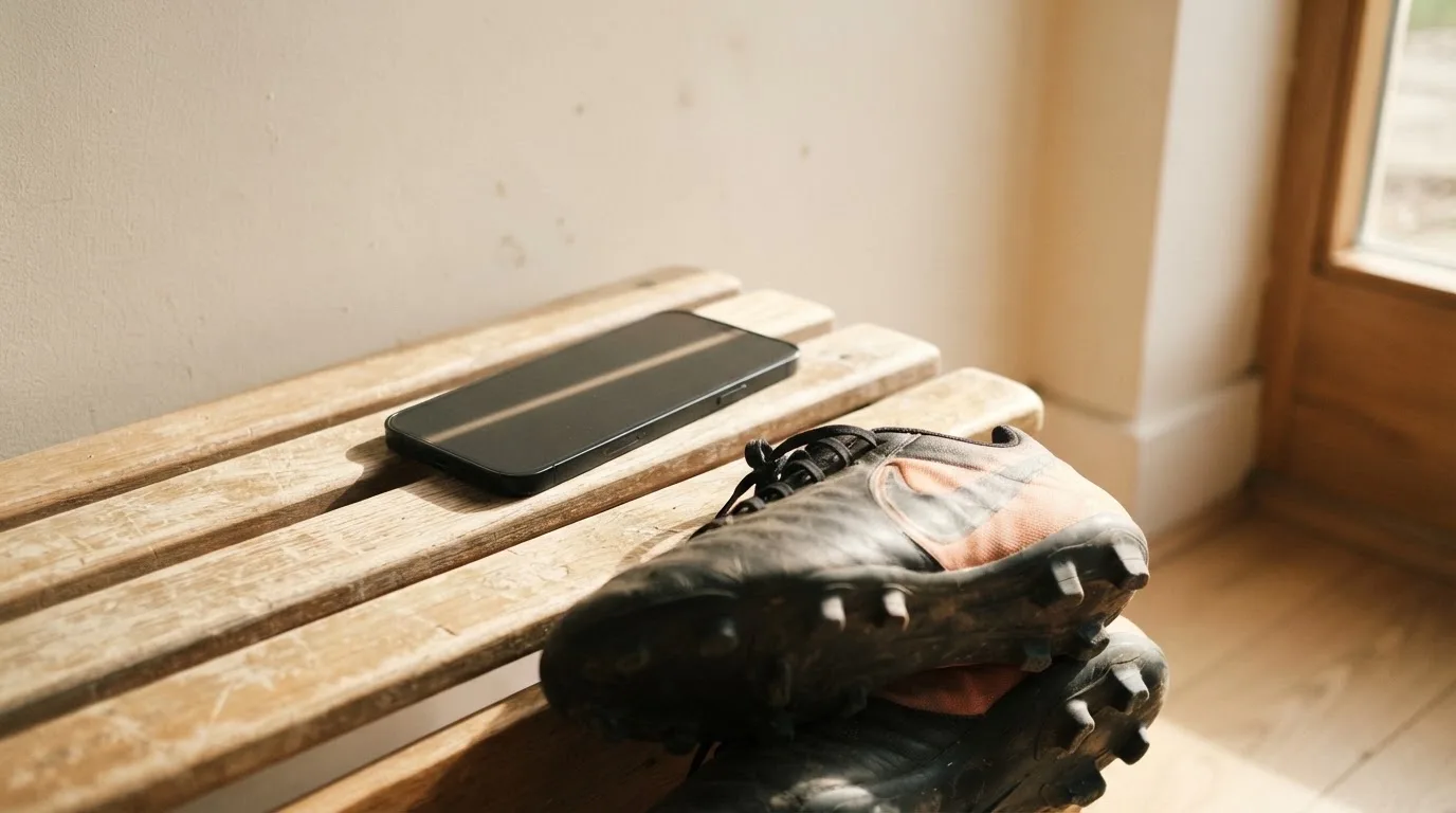 Ein Smartphone mit dunklem Display liegt auf einer Holzbank neben einem Paar Fußballschuhen, Morgenlicht fällt durch ein Fenster.