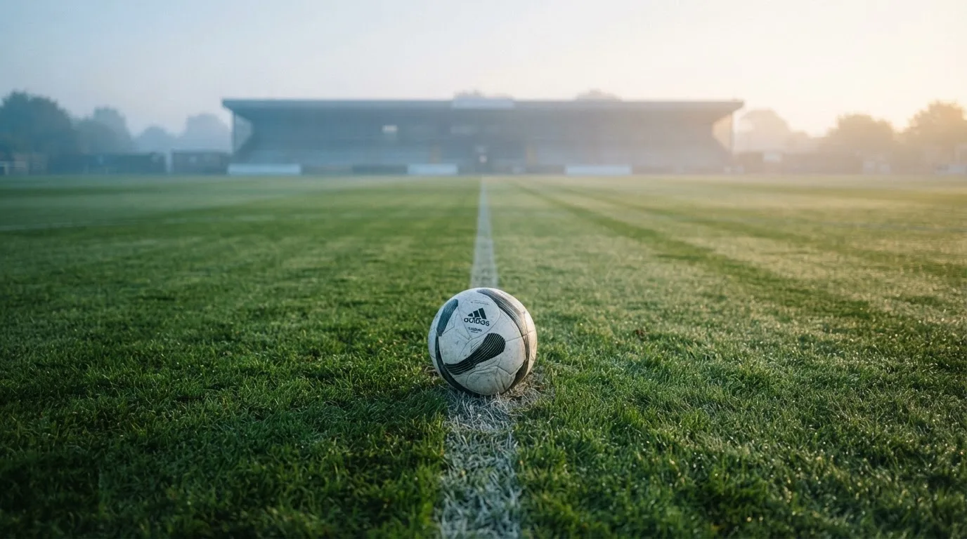 Ein Fußball liegt auf einem Rasenplatz, im Hintergrund eine ferne Tribüne im Morgendunst, Tau glänzt im Gras.