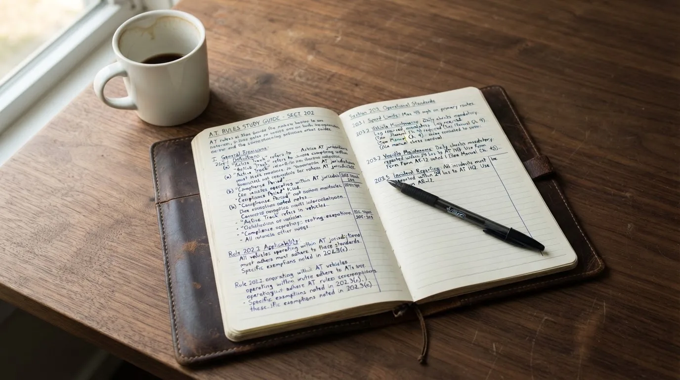 Ein Notizbuch mit handschriftlichen Notizen und ein Kugelschreiber liegen auf einem Schreibtisch neben einer Tasse, Blick schräg von oben.