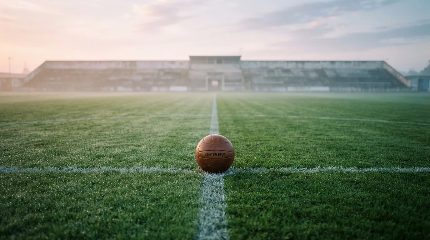 Ein Fußball liegt auf dem Mittelkreis eines leeren Rasenplatzes am frühen Morgen, im Hintergrund eine ferne Tribüne im Dunst.