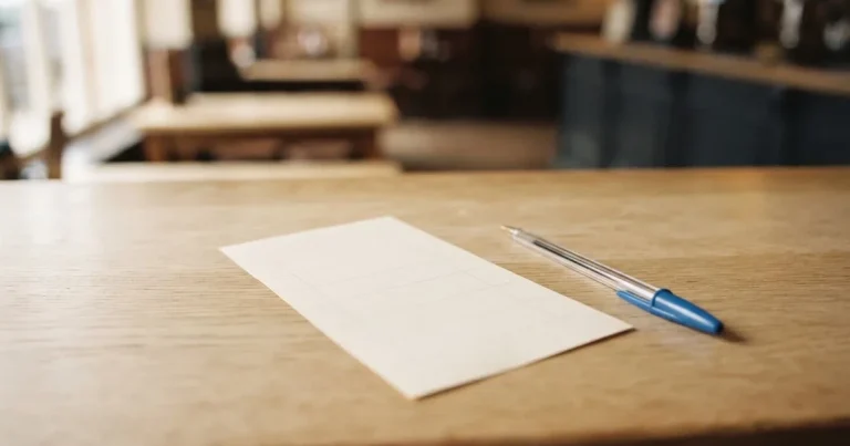 Ein leerer Papier-Wettschein ohne Aufdruck liegt neben einem Kugelschreiber auf einem hellen Tresen, weiches Seitenlicht.