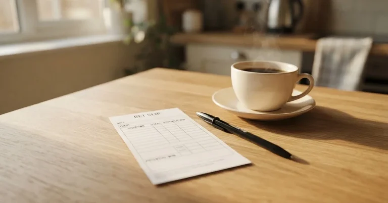 Ein leerer Wettschein aus Papier und ein Kugelschreiber liegen auf einem hellen Holztisch neben einer Kaffeetasse im warmen Seitenlicht.