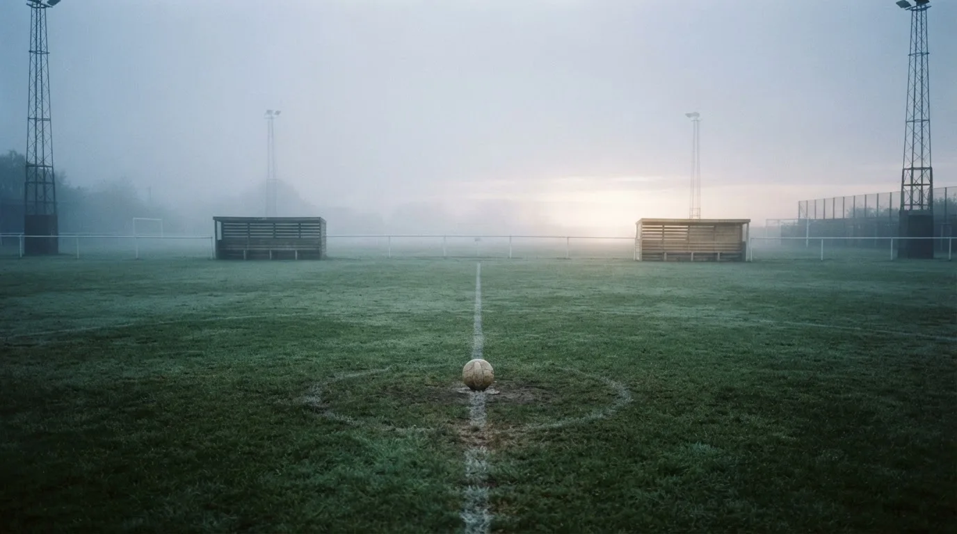 Ein Fußball liegt auf dem Rasen eines leeren Platzes im Morgennebel, am Rand stehen unbesetzte Ersatzbänke.