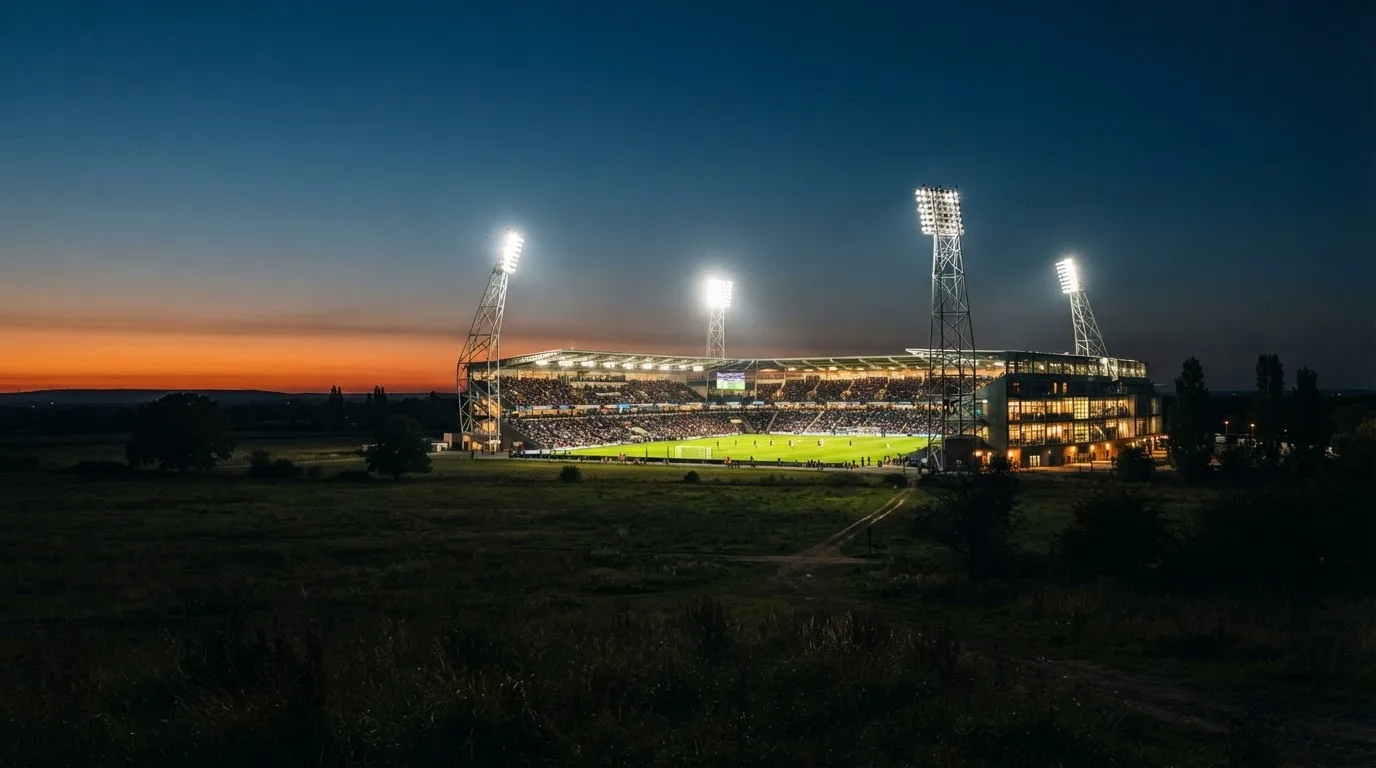 Ein Stadion unter Flutlicht aus großer Entfernung gesehen, der Himmel darüber ist tiefblau.