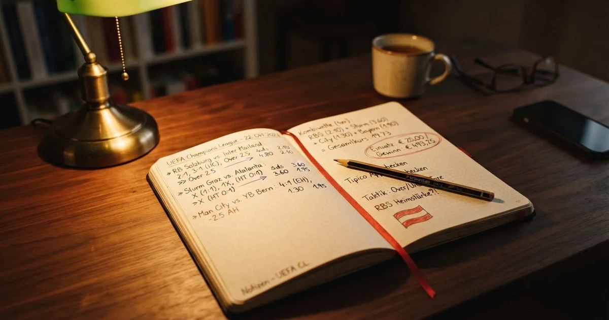 Ein aufgeschlagenes Notizbuch mit handschriftlichen Notizen und ein Bleistift liegen auf einem Schreibtisch im Licht einer Lampe.