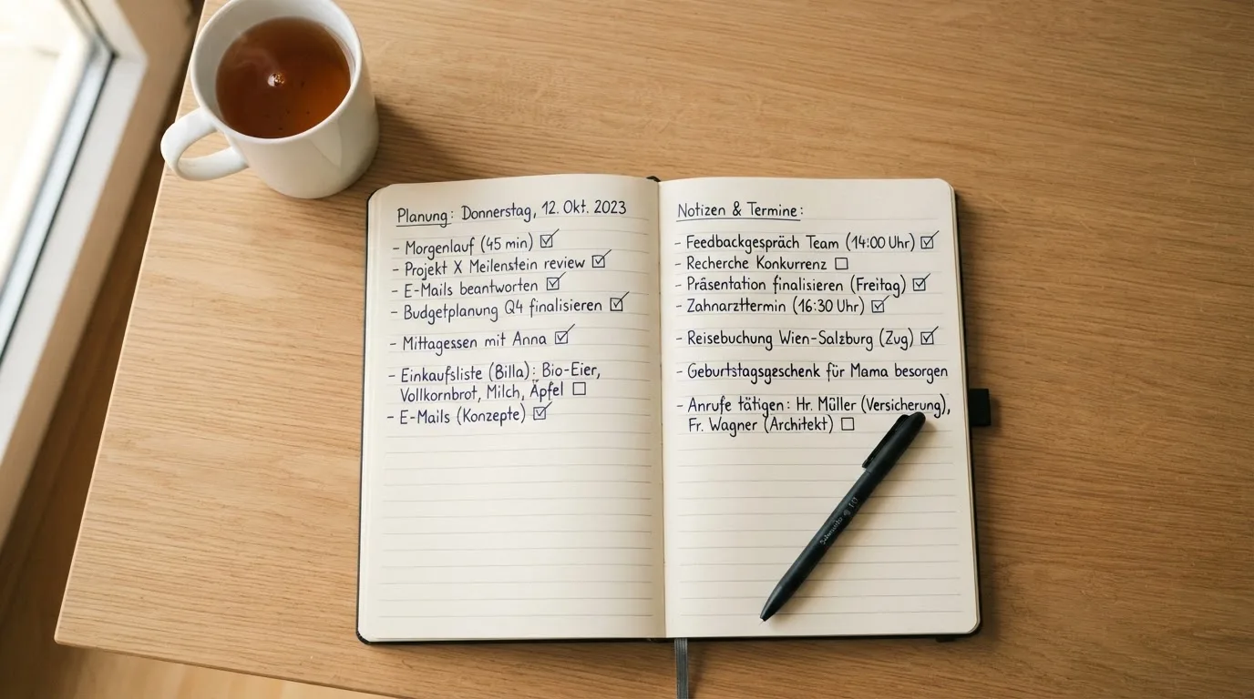 Ein aufgeschlagenes Notizbuch mit handgeschriebenen Notizen und ein Kugelschreiber liegen auf einem Schreibtisch neben einer Tasse Tee.