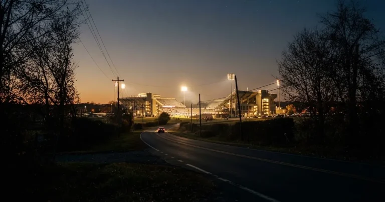 Ein Stadion unter Flutlicht aus großer Entfernung gesehen, davor eine dunkle Landstraße und einzelne Bäume in der Abenddämmerung.