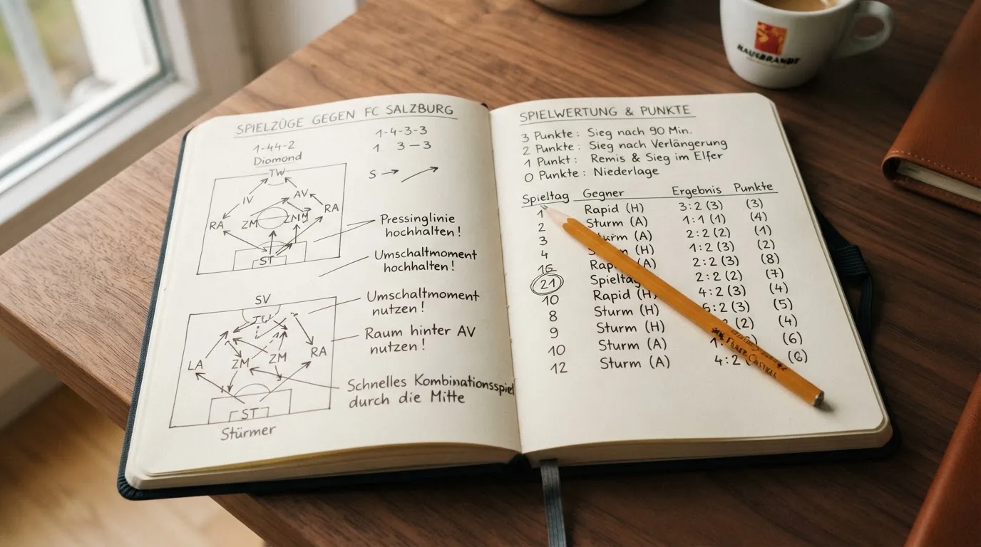 Ein Notizbuch mit handschriftlichen Skizzen und Zahlenreihen liegt aufgeschlagen auf einem Schreibtisch, daneben ein Bleistift.