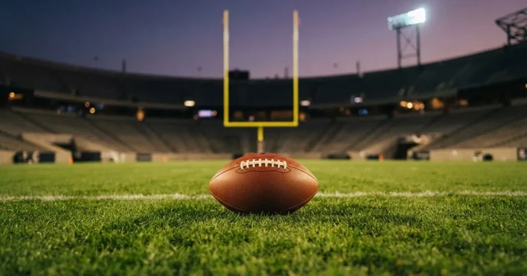 Ein ovaler Football liegt auf dem Rasen vor den gelben Torstangen eines leeren Stadions in der Abenddämmerung.