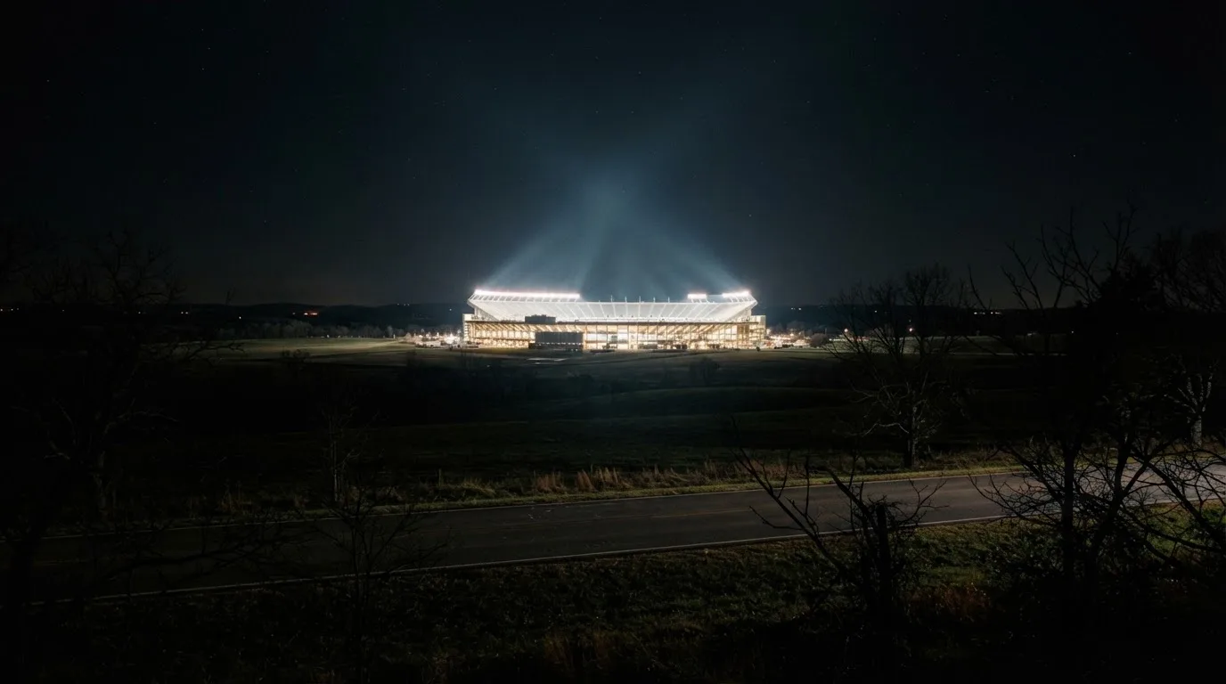 Ein großes Stadion unter Flutlicht aus weiter Entfernung gesehen, davor eine dunkle Landstraße und ein paar Bäume.