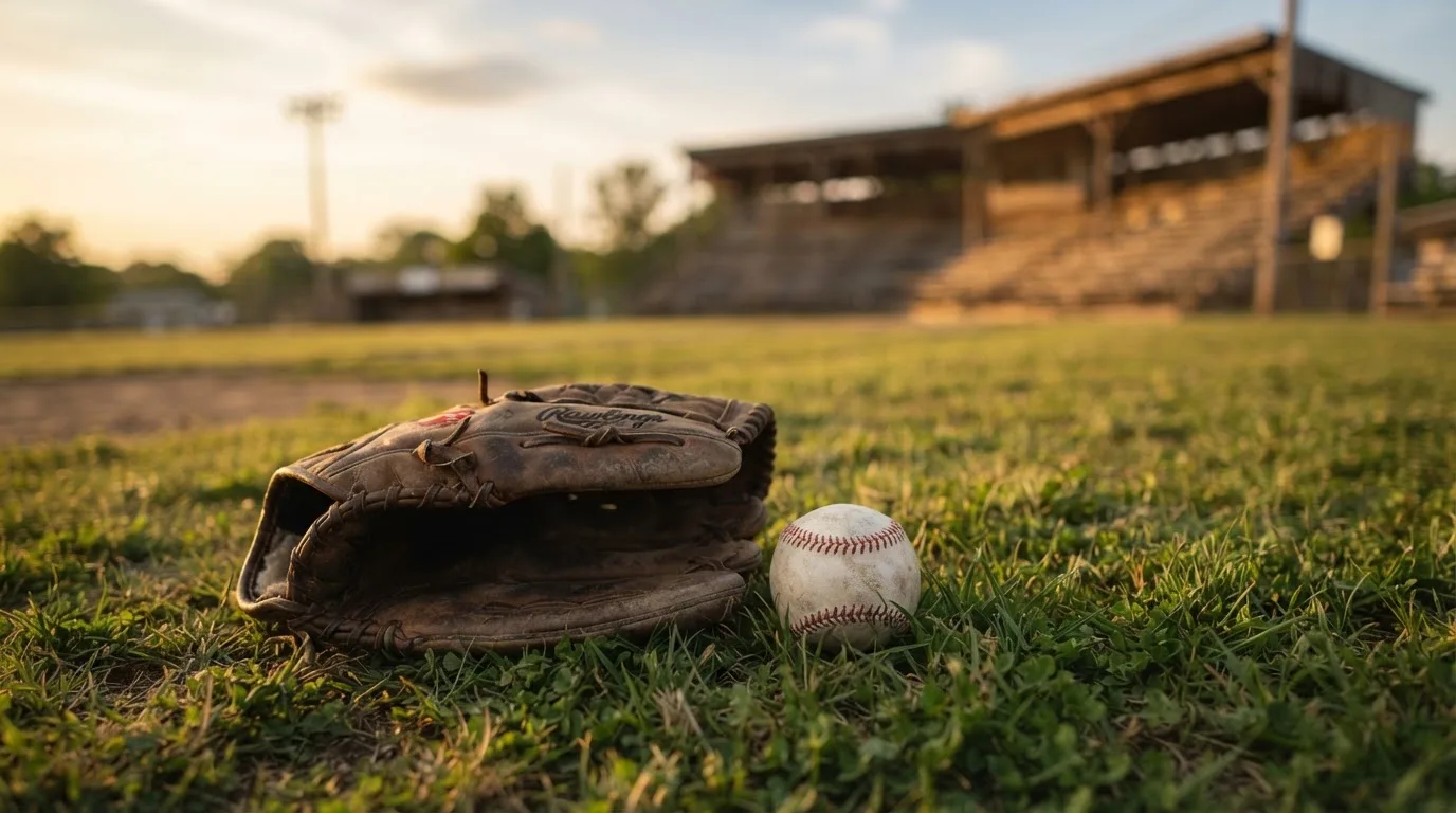 Ein Baseball liegt auf dem Rasen neben einem Lederhandschuh ohne Aufschrift, im Hintergrund eine leere Tribüne im Abendlicht.