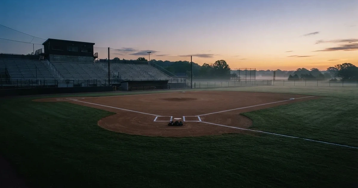 Ein leeres Baseballfeld mit Sandfläche, Basen und weißen Linien in der Morgendämmerung, über dem Rasen liegt leichter Nebel.