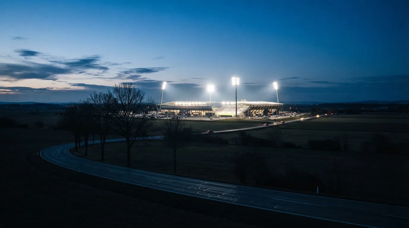 Ein Stadion unter Flutlicht aus großer Entfernung gesehen, davor eine dunkle Landstraße und einzelne Bäume in der Dämmerung.