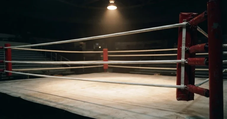 Ein leerer Boxring mit gespannten Seilen unter einer Hallenlampe, der Ringboden ist im Licht gut zu erkennen, niemand ist zu sehen.