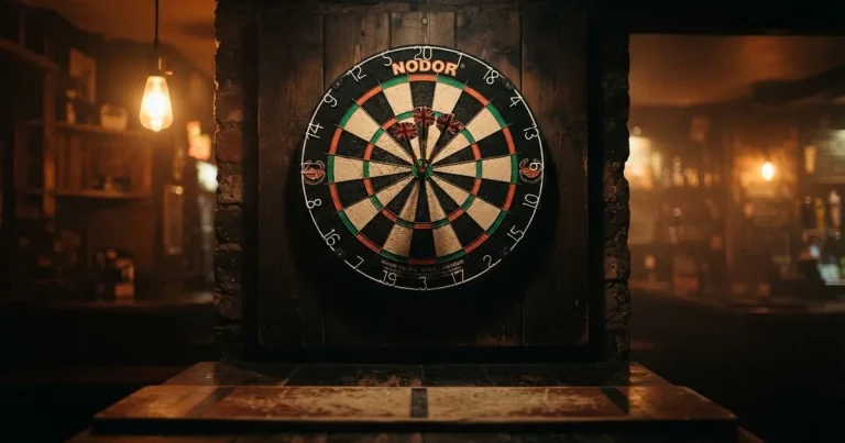 Eine Dartscheibe an einer Holzwand in einem schwach beleuchteten Raum, drei Pfeile stecken nahe der Mitte, warmes Licht von der Seite.