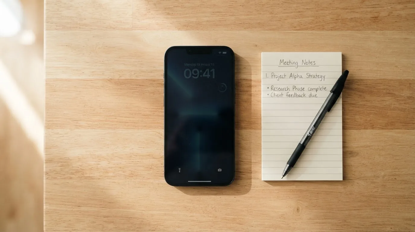 Ein Smartphone mit dunklem Display liegt auf einem Holztisch neben einem Notizblock und einem Stift, Tageslicht von links.